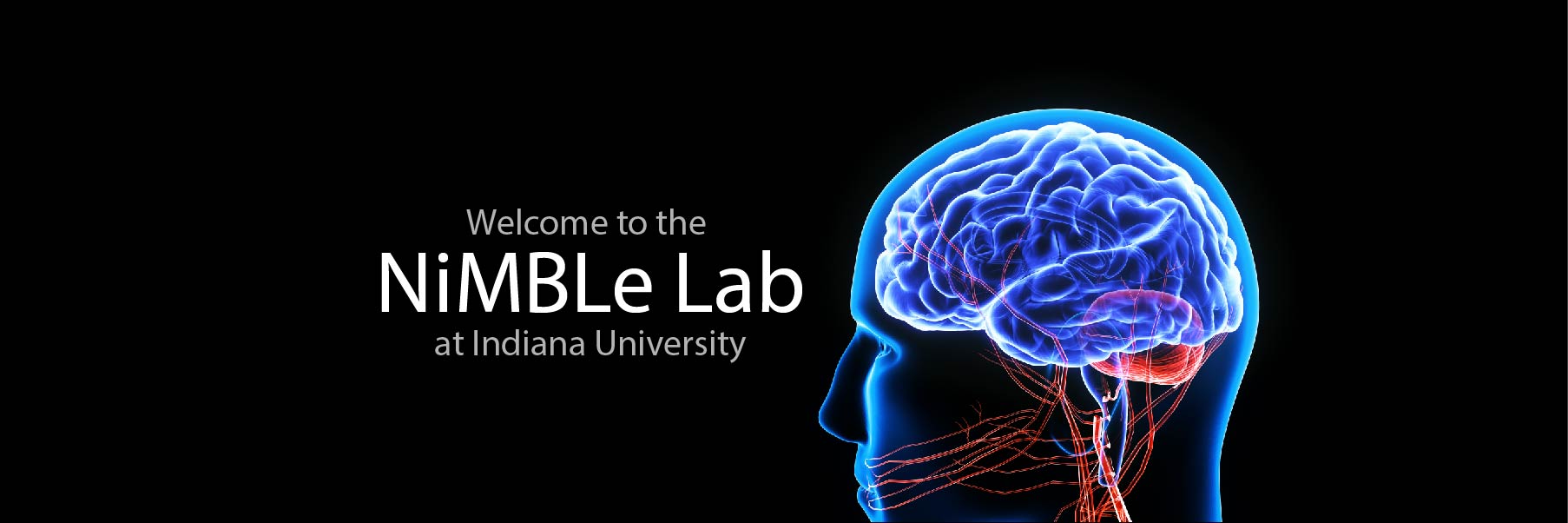 The words Welcome to the NiMBLE Lab at Indiana University are placed beside a fluorescent illustration of a brain inside a head